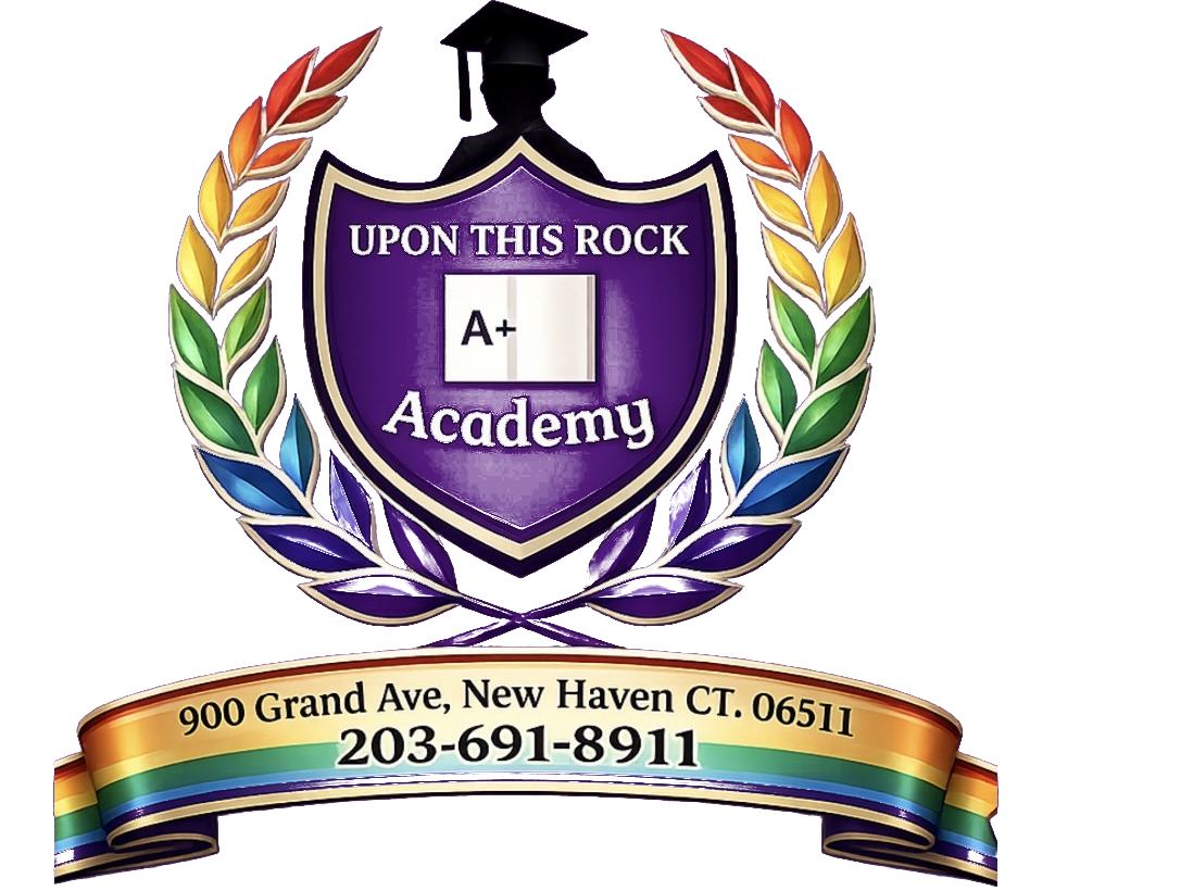 Upon This Rock A+ Academy crest, featuring an open book and the motto Equipped to Impact